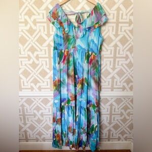 NWT Marie Oliver Watercolor Blue Flowy Ruffle Maxi Dress Whinslet Silk Blend 16